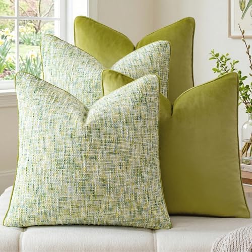 a moment Green 4 Pack Throw Pillow Covers - Chenille & Velvet Set with Piping, Farmhouse Textured Design Pillow Cases for Couch Sofa Bed Livingroom (20x20 Inch, No Insert) by amoment