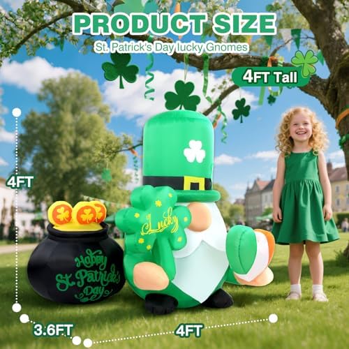 St Patricks Day Inflatables Outdoor Decorations, 4FT Inflatable Lucky Gnome Leprechaun with Shamrock, Pot of Gold & Irish Heart, LED Lights St. Patrick's Blow Up Yard Decor for Outside Garden Lawn - Image 3