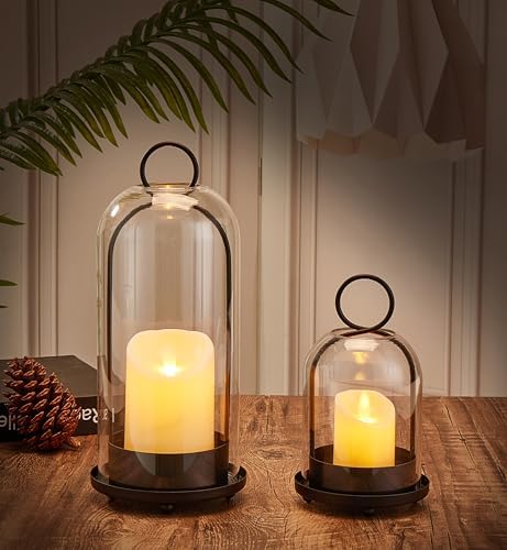 Candle Holder Lanterns, Handcrafted Metal & Glass with Modern Aesthetic Design, Hurricane Pillar Candlestick Holders, Table or Hanging Decorations Set of 2, 5.1" & 4.4" Diameter, Black - Image 2