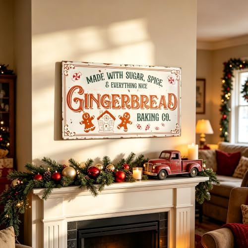 30" Vintage Metal Christmas Wall Sign - Gingerbread Baking Co. Rustic Wall Mount Holiday Decor Distressed Wall Hanging Iron Plaque Christmas Wall Art for Home Mantel Porch Bakery (White#2) - Image 4