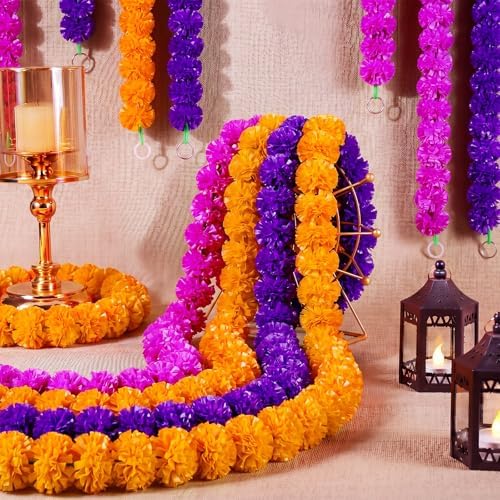 Giegxin 15 Pack 5ft Marigold Garland for Decor, Orange, Dark Purple, Violet - Image 4
