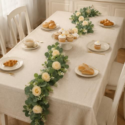 4 Pack 24FT Artificial Eucalyptus Flower Garland with 6 Champagne Roses, Fake Flower Vines Centerpieces for Tables, Spring Greenery Floral Garland for Mantle Wedding Backdrop Home Table Runner Decor - Image 7