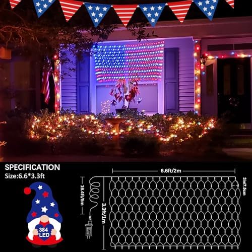 American LED Flag Net Lights Outdoor – 384 Super Bright Red White Blue Lights, Waterproof Patriotic Flag Light for 4th of July, Memorial Day, Independence Day, Yard, Garden, Wall Decor - Image 6