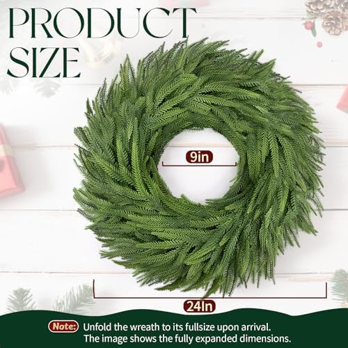 24" Norfolk Pine Wreath for Front Door, Real Touch Christmas Wreaths Artificial Greenery Realistic Wreath Holiday Winter Decoration for Home Decor Window Indoor Outdoor - Image 2