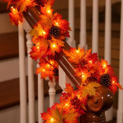 Fall Decorations Lighted Fall Garland with Pinecones and Berries, 9FT 50 Incandescent Bulb UL Certified Connectable Lush and Thicker Fall Garland with Lights for Halloween Thanksgiving Decor(2Packs) - Image 3