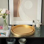 2 Piece Golden Round Serving Tray with Handles, Woven-Texture Faux Leather Ottoman Tray for Living Room, Decorative Tray for Coffee Table Home Decor - Image 7