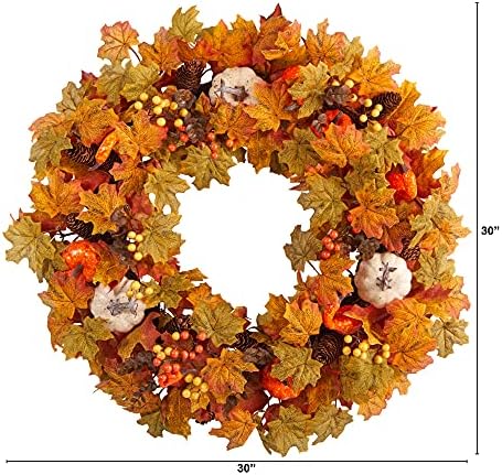Nearly Natural 30 in Artificial Autumn Pumpkin Maple Leaf Wreath Wall Decor - Image 3
