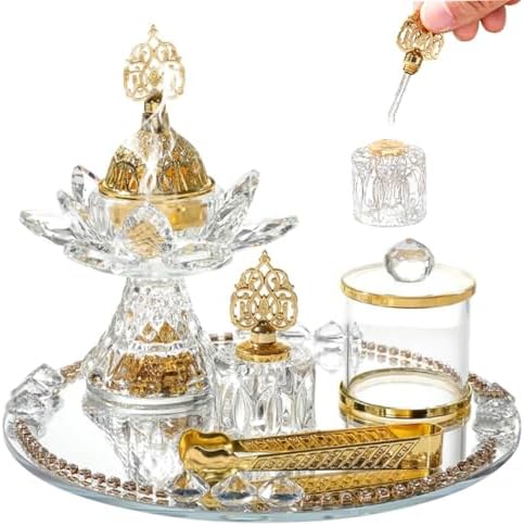 Glass Incense Holder, 5-Pieces Set Lotus Shape Incense Burner with Mirrored Tray, Storage Jar and Tongs, Arabian Style Ramadan Decorations - Image 2