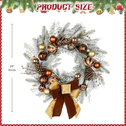 24" Christmas Wreath for Front Door Artificial Unlit Winter Wreath with Pine Cones, Berry Clusters, Bronze Ball Ornaments and Ribbon for Thanksgiving Holiday Christmas Decoration - Image 2