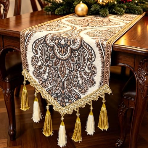 European Paisley Jacquard Table Runner 94" Long with Metal Multi-Tassels by HeMiaor