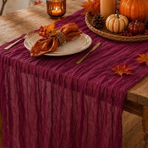 6 Pack Burgundy Red Cheesecloth Table Runner 120 Inch Boho Wedding Decor by Fixwal