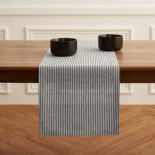 Solino Home 100% Pure Linen Table Runner, 14 x 90 in, Black, Narrow Stripe by SolinoHome