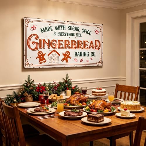30" Vintage Metal Christmas Wall Sign - Gingerbread Baking Co. Rustic Wall Mount Holiday Decor Distressed Wall Hanging Iron Plaque Christmas Wall Art for Home Mantel Porch Bakery (White#2) - Image 5