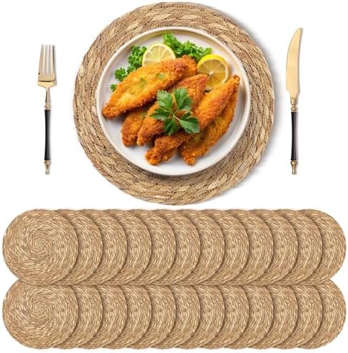 Kochorie Set of 24 Round Woven Placemats 13.8 Inches Bulrush Placemats Natural Hand-Woven Boho Rattan Placemats Wicker Table Mats Farmhouse Weave Place Mats for Home Dining Table by Kochorie