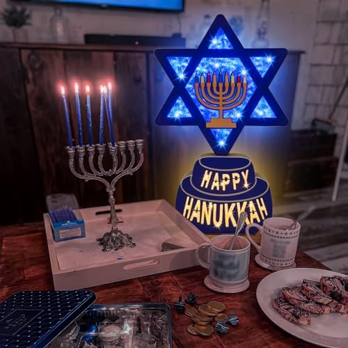 Krissing 12" Hanukkah Wooden Signs with Lights Battery Operated Happy Hanukkah Menorah with Blue Lights Star of David Hanukkah Lighted Signs for Hanukkah Table Mantel Jewish Holiday Decorations - Image 2