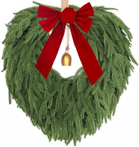 24" Norfolk Pine Wreath, Artificial Christmas Wreaths, Real Touch Green Winter Garland for Front Door Wall Indoor Outdoor Christmas Holiday Decor, with Bow & Bell, FF12 by AmoriseArtificialFLowers