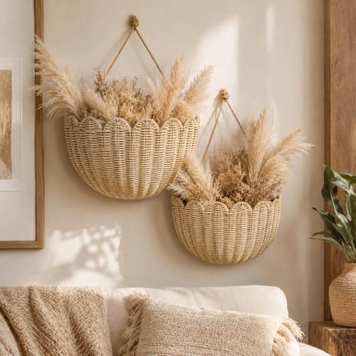 Scalloped Wall Basket, 2Pack Hand Woven Rattan Hanging Wall Baskets - Image 2