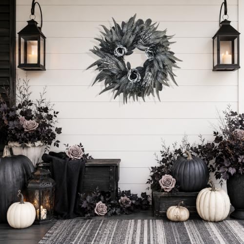 24 Inch Black and Silver Rose Halloween Wreath with 3 Skeleton Hands - Image 4