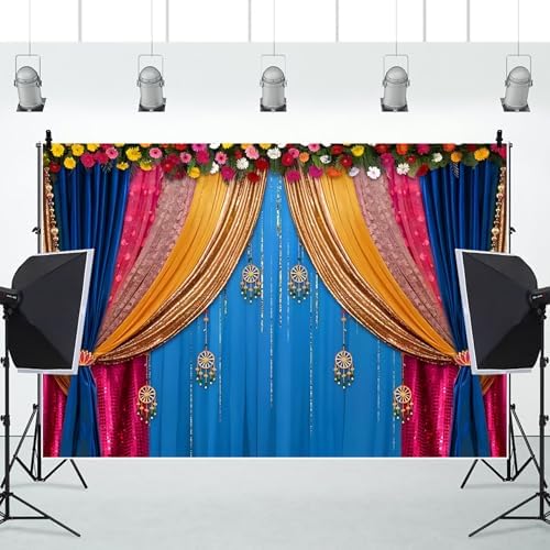 8x6ft Indian Traditional Backdrop Colored Curtains Marigold Photography Background Indian Hindu Wedding Banner Happy Holi Diwali Pooja Party Decorations Photo Props - Image 5