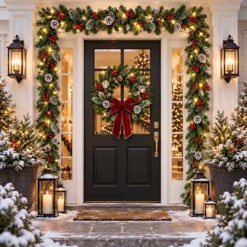 9FT Christmas Garland with Lights, Pre-Lit Lighted Christmas Decorations for Mantle Fireplace Table Stairs,Winter Indoor Outdoor Xmas Home Decor,Realistic Cedar Pine Garlands with Pinecone Berries - Image 6
