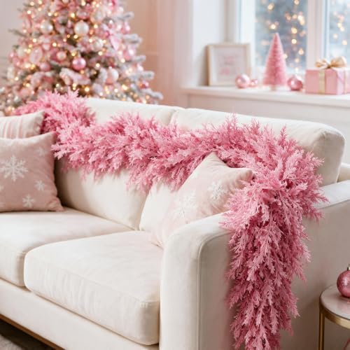 12FT Pink Christmas Cedar Garland, Realistic Artificial Garland, Soft Pastel Xmas Decorations Indoor Outdoor, Faux Holiday Garland for Mantle, Fireplace, Table, Door, Wedding Party Decor - Image 5