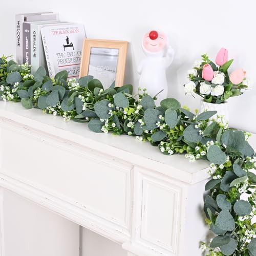 Waipfaru 8Pcs Eucalyptus Garland, 5.9FT Greenery Garland, Green Garland with Flowers, Artificial Faux Silver Dollar Eucalyptus Leaves Vines for Table Home Wedding Mantle Party Indoor Outdoor Decor - Image 7