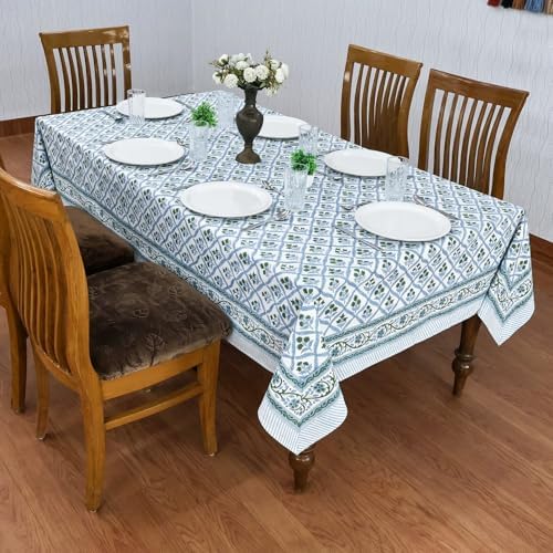 72x140 Inches Rectangle Hand Block Printed Cotton Tablecloth, Green Blue Floral Table Cloths Washable, Indian Table Linen for Outdoor Thanksgiving Gifts Dining Home Decor Outdoor Gift - Image 4