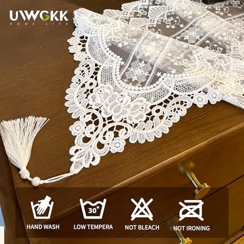 Lace Table Runner Exquisite Embroidery Floral,UWWGKK Table Runners with Tassel Retro French Country Style,for Wedding Decor,Afternoon Tea,Bed Runner,Piano Top Cover,13x122 Inch - Image 5