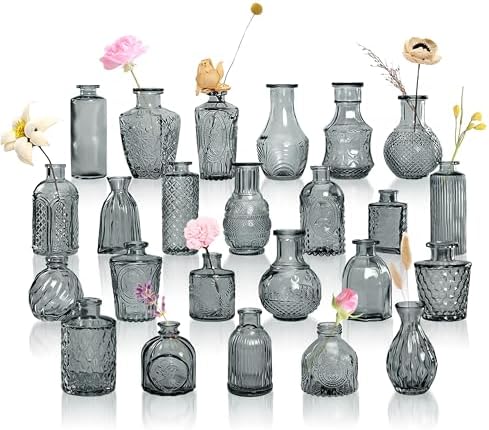 Grey Bud Vases in Bulk 24, Embossed Glass Small Vases for Flowers, Vintage Mini Flower Vase for Centerpieces, Wedding Decoration, Party, Baby Shower, Birthday, Home Decor, Living Room, Office by GarDream