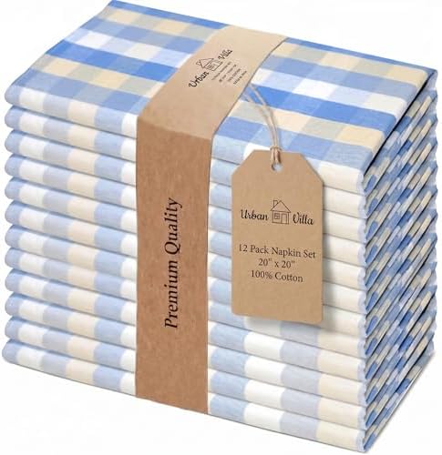 Urban Villa Cloth Napkins Cotton 20x20 (Set of 12) Blue Sand Checks by CottonTrends
