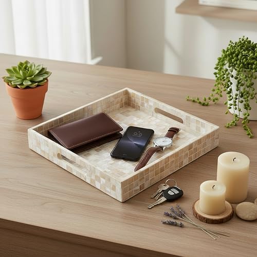 PEMAR Handcrafted Mother of Pearl Decorative Tray with Handles - 12" Square Mosaic Inlay Organizer for Coffee Table, Ottoman, Vanity & Bathroom - Luxury Coastal Home Decor (White Cream Squares) - Image 4