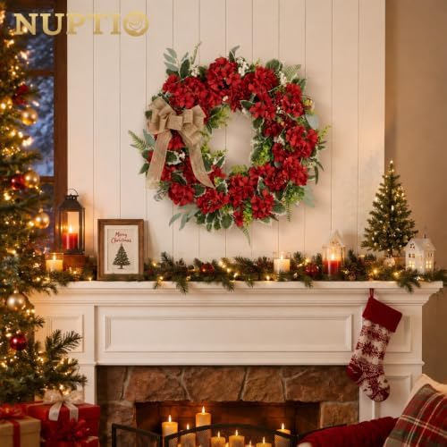NUPTIO Geranium Wreath for Front Door: Christmas Red Wreaths, 24 Inch - Image 4