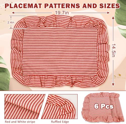 Whaline Vintage Red Cotton Placemats with Ruffle Stripe Kitchen Place Mats for Birthday Party Home Dining Table Decor, Set of 6, 14.5 x 19.7 in - Image 2