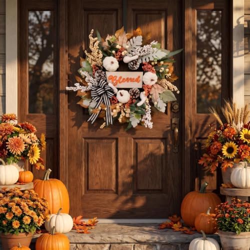 Fall Wreath for Front Door,Autumn Harvest Porch Decor,22inch Blessed Fall Door Wreaths with White Pumpkin,thanksgving Farmhouse Decoration with Ribbon Bow for Indoor Outdoor, Front Door Wreaths - Image 2