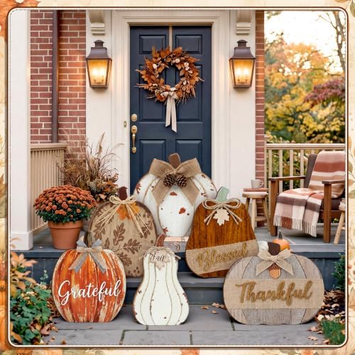 Moucuny Set of 6 Outdoor Fall Decoration for Home Porch, Farmhouse Pumpkin - Image 5
