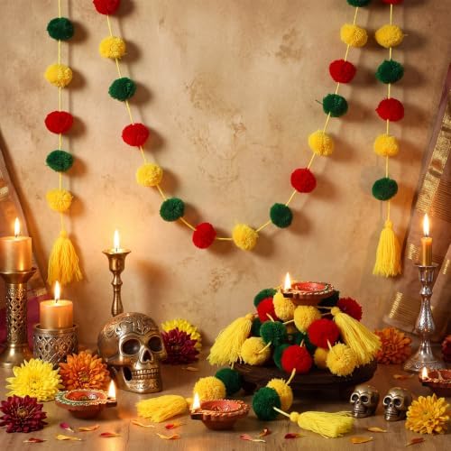 Yalikop 10 Pcs Pom Pom Garland 5 ft Diwali Party, Red,Green,Yellow - Image 3