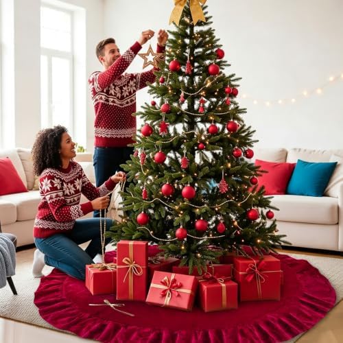 60 Inches Velvet Christmas Tree Skirt Decorations Red Luxury Xmas Fur Plush Skirts for Merry Christmas Party Rustic Vintage Holiday Home Winter - Image 7
