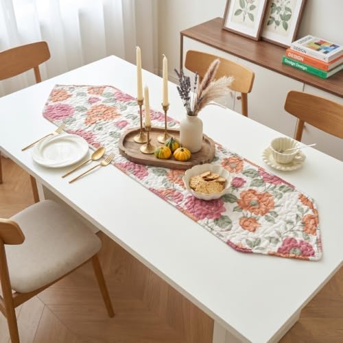Tache Quilted Floral Table Runner - Terracotta Rose Garden Botanical Print for Dining Room Table Decor, Boho Rustic Farmhouse Centerpiece for Everyday, Spring & Fall (13x54) - Image 3