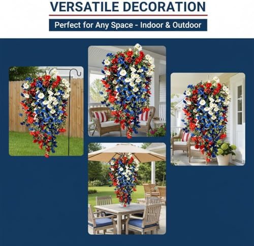 Red White and Blue Flowers Artificial Flowers Outdoor, 4th of July Decoration Tricolor Patriotic Artificial Flower, UV Resistant Artificial Morning Glory Vines for Independence Day Decor (5sets) - Image 6