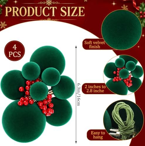 Roowest 4 Set Christmas Green Ball Clusters Ornament Velvet Tree Decoration - Image 2