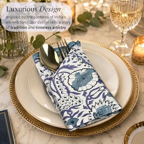 CPC Indigo Blue Block Print Cotton Embroidery Napkin 18x18 (Pack of 4) - Image 4