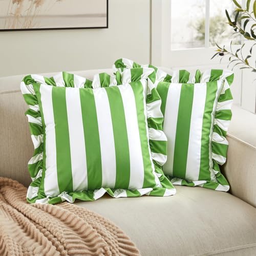 vctops Ruffle Square Throw Pillow Covers Boho Pink and Red Striped Decorative Pillowcases Set of 2, Soft Velvet Accent Cushion Cover Cases for Sofa Bed Living Room Decor (Green White,18"x18") - Image 2