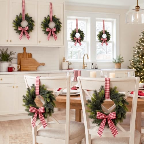 Thiccywoov 6 Pcs 9" Mini Christmas Wreaths for Cabinets with Plaid Bow - Image 3