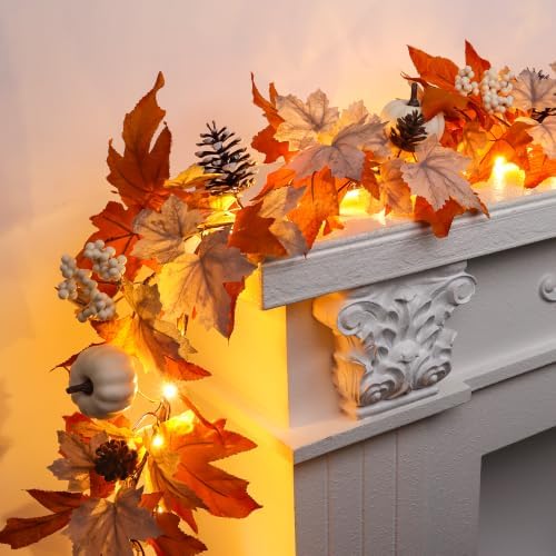 Fall Decor 6FT Lighted Fall Garland with Lights & Timer, Full Autumn Light Up Fall Leaf Mantle Garland with Pumpkin Berries Pinecone, Indoor Fall Thanksgiving Decorations for Home Fireplace Porch Door - Image 5