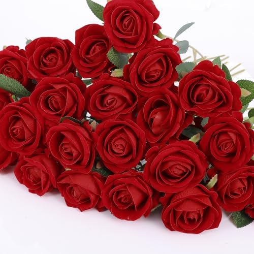 Rowfad 60 Pcs Artificial Roses Bulk, Fake Velvet Silk Flowers, Red - Image 6