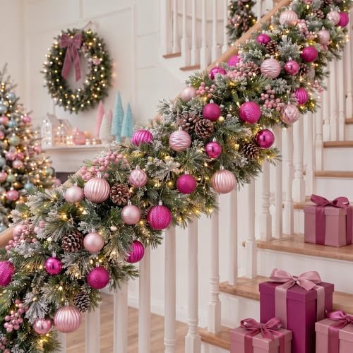 Lunmon 64 Pcs Pink Christmas Ball Ornaments Hot Pink Rose Red Xmas Bulbs Ornament 1.6/1.97/2.4 Inch Plastic Hanging Decoration Assorted Size Christmas Decorations for Tree Home Wreath Party Supplies - Image 5