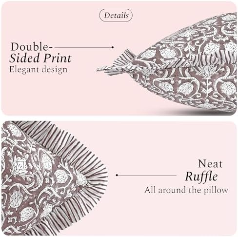 CPC Mocha Regal Hand Block Print 100% Cotton Ruffle Throw Pillow Cover 24x24 inch with Hidden Zipper Decorative for Couch, Bed, Sofa, Farmhouse, Cottagecore Decor Gift Christmas Fall Thanksgiving - Image 2