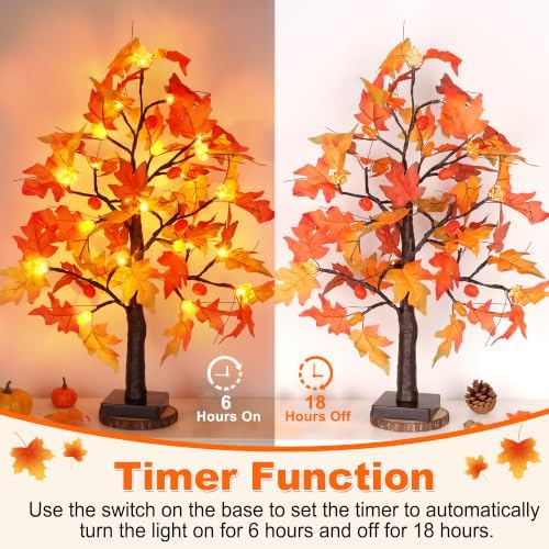 2 Pack 24 Inch Maple Tree Fall Thanksgiving Table Decorations with 48LED Battery Operated Lighted Tabletop Artificial Tree with Pumpkin Acorn Maple Fall Decor Thanksgiving Centerpieces Indoor for Home - Image 3