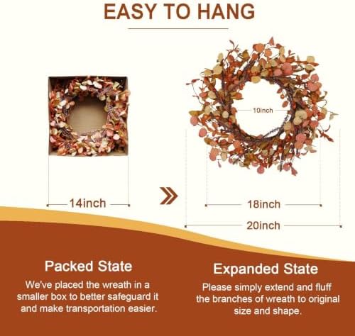 20 Inch Fall Wreath for Front Door Autumn Decor with Orange Eucalyptus Leaves Rustic Thanksgiving Harvest Wreaths Indoor Outdoor Hanging Home Decor - Image 3