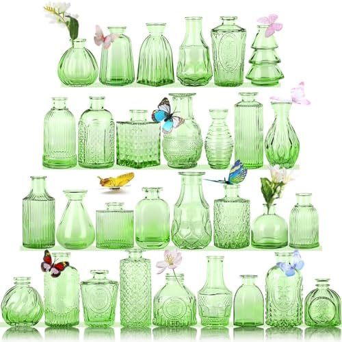 Charm Glass Bud Vases, Small Flower Vases in Bulk for Centerpieces, Vintage Mini Vases for Wedding Decor, Home Table Decorations Diffuse Bottles,Ideals (Pack of 30,Light Green) by earthgadgets